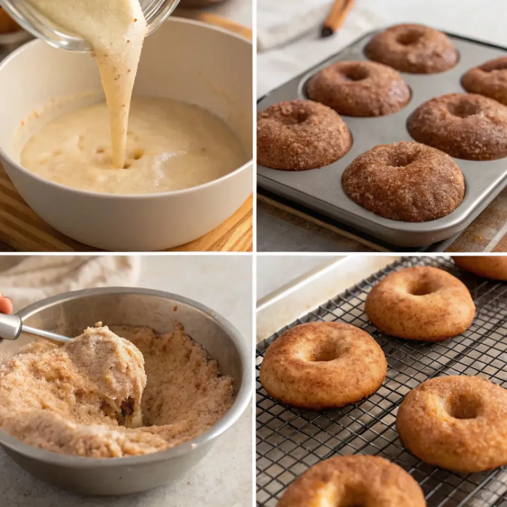 Baked Cinnamon Sugar Donuts – Soft, Fluffy & Bakery-Style 7 Four step collage showing batter mixing, filling donut pan, baking, and coating donuts