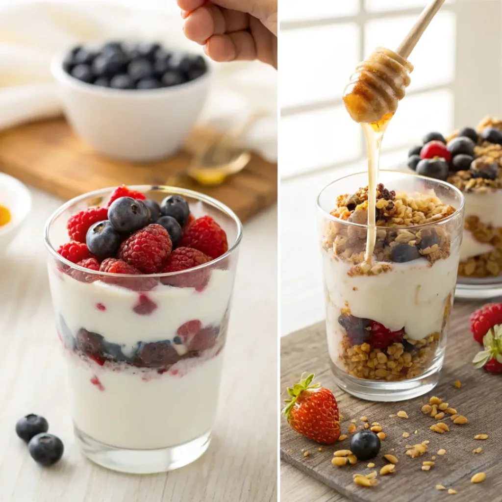 Berry Yogurt Parfaits – Easy, Fresh & Healthy Layered Breakfast 7 Four step collage showing yogurt layering, adding berries, building parfait, and finishing toppings