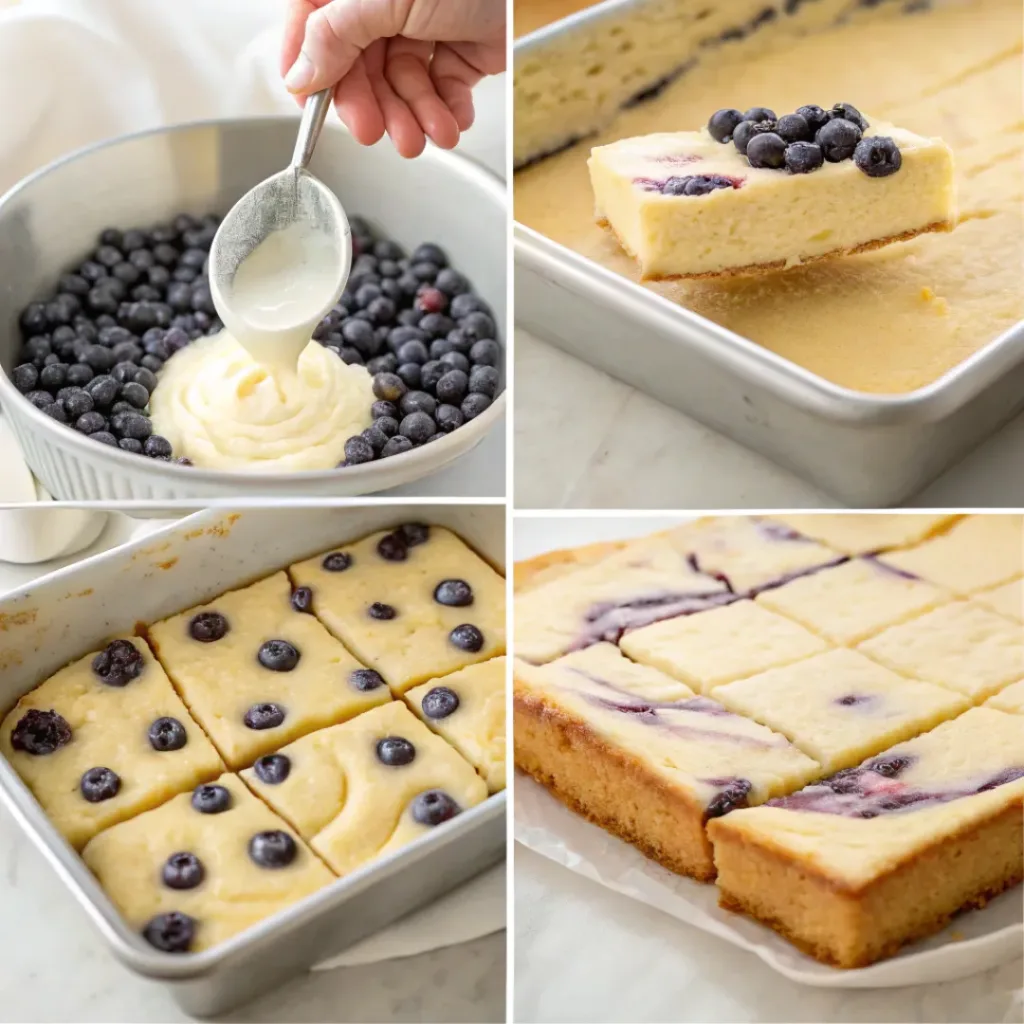 Four step collage showing crust prep, mixing filling, swirling blueberries, and slicing bars