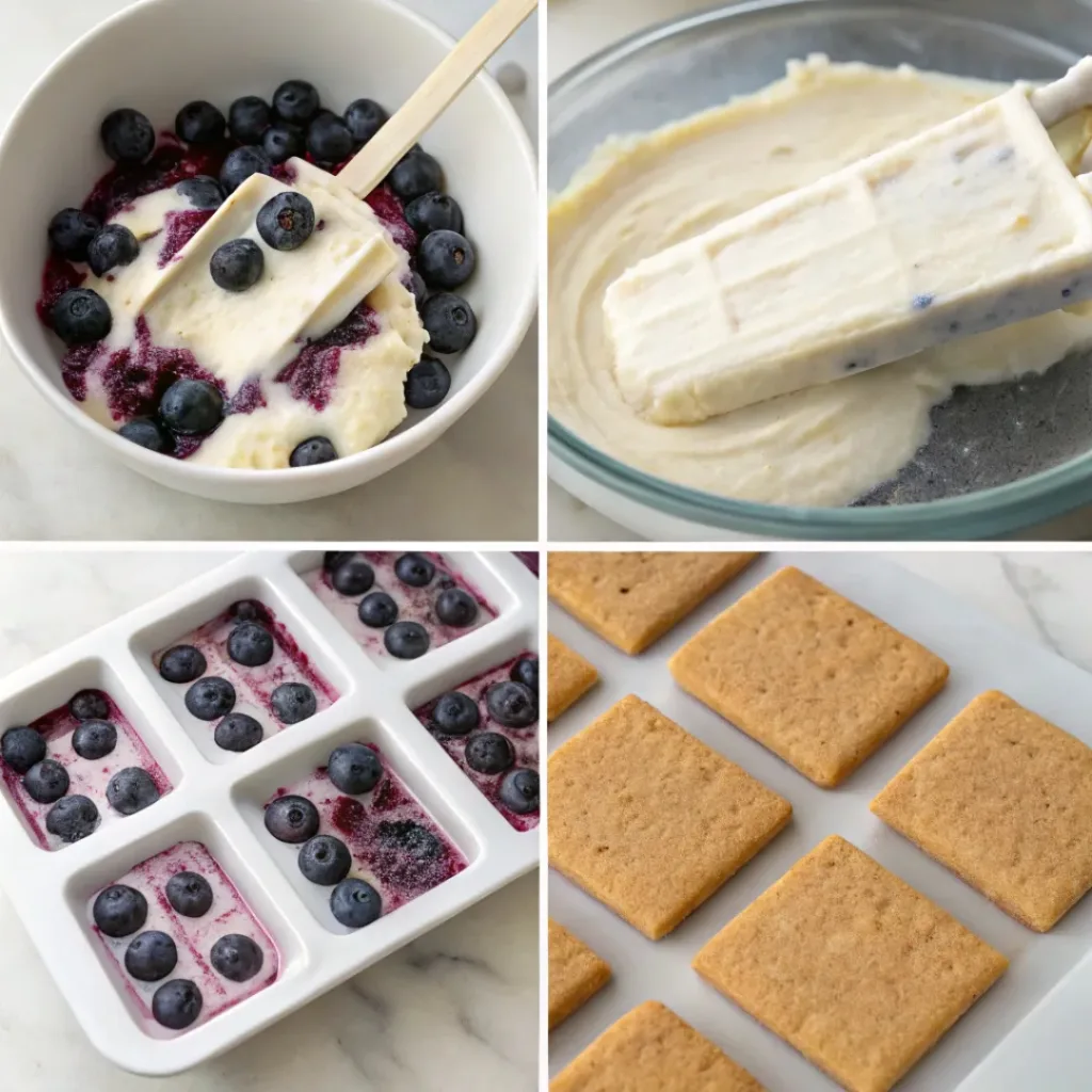Blueberry Cheesecake Popsicles – Creamy, Fruity & No-Bake Summer Treat 7 Four step collage showing blueberry compote, mixing filling, layering molds, and unmolding popsicles
