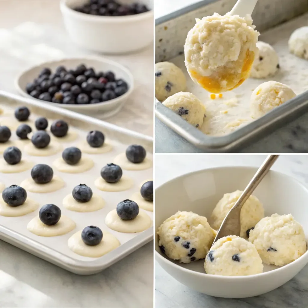 Four step collage showing mixing yogurt, scooping portions, freezing, and coating yogurt balls