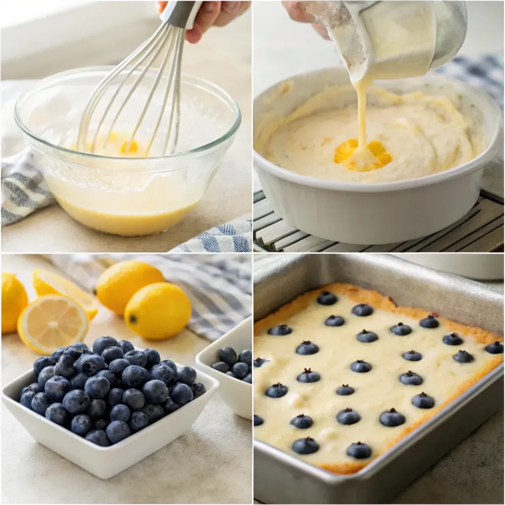 Blueberry Lemon Yogurt Cake – Moist, Bright & Bursting with Blueberries 7 Four step collage showing mixing batter, adding blueberries, baking, and glazing cake