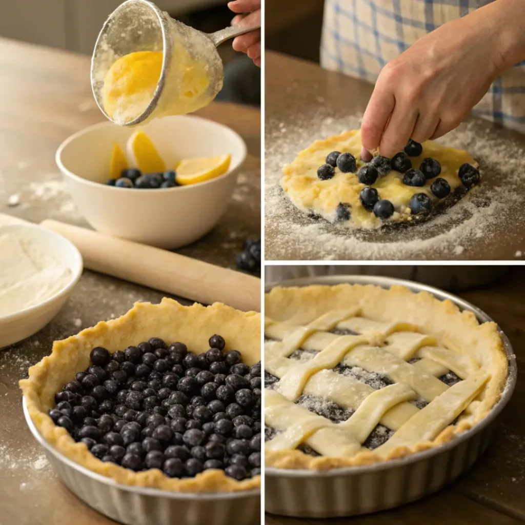Four step collage showing berry filling, pie crust preparation, lattice top, and baking