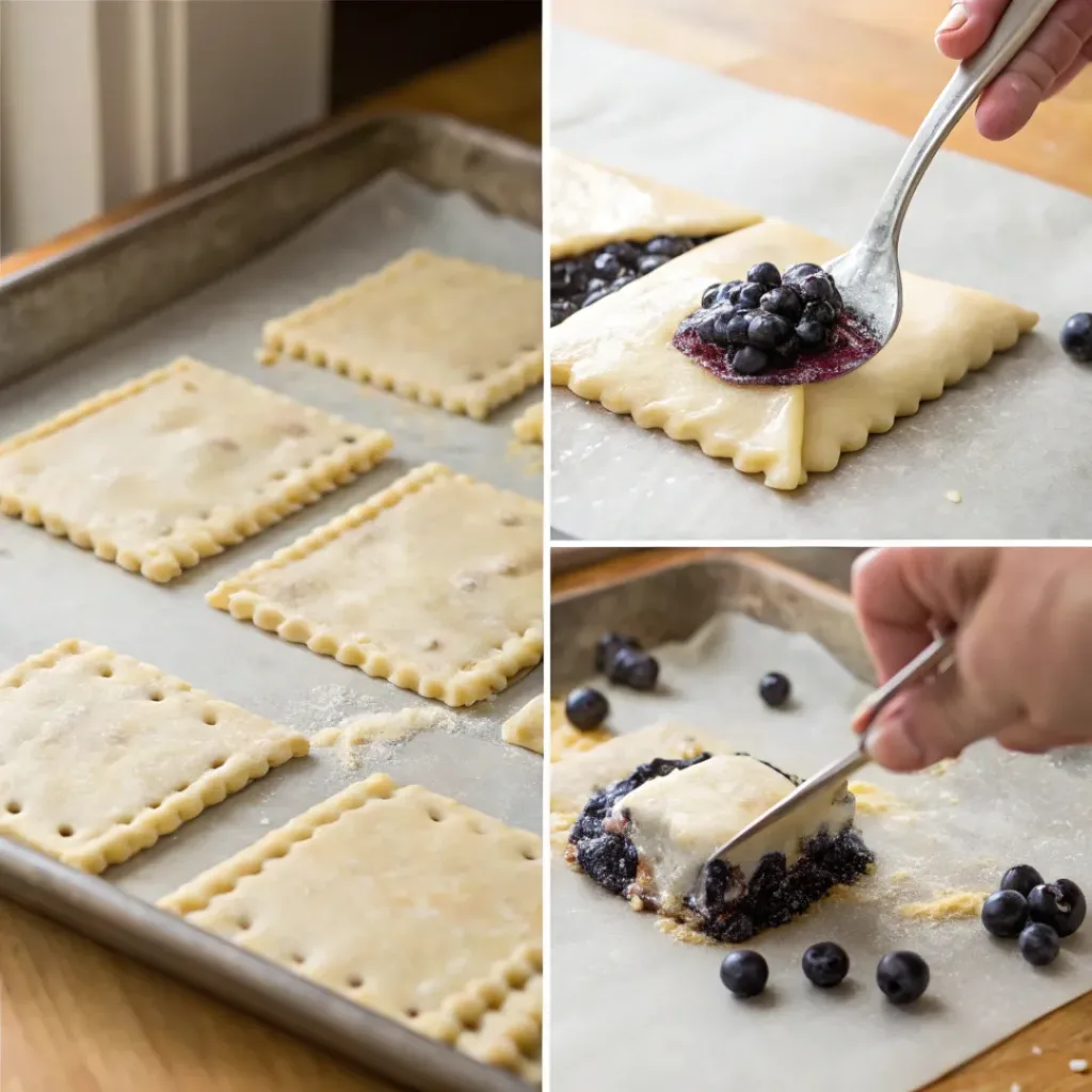 Blueberry Pop Tarts – Homemade Flaky Breakfast Pastries 7 Four step collage showing dough rolling, filling, sealing pastries, and glazing