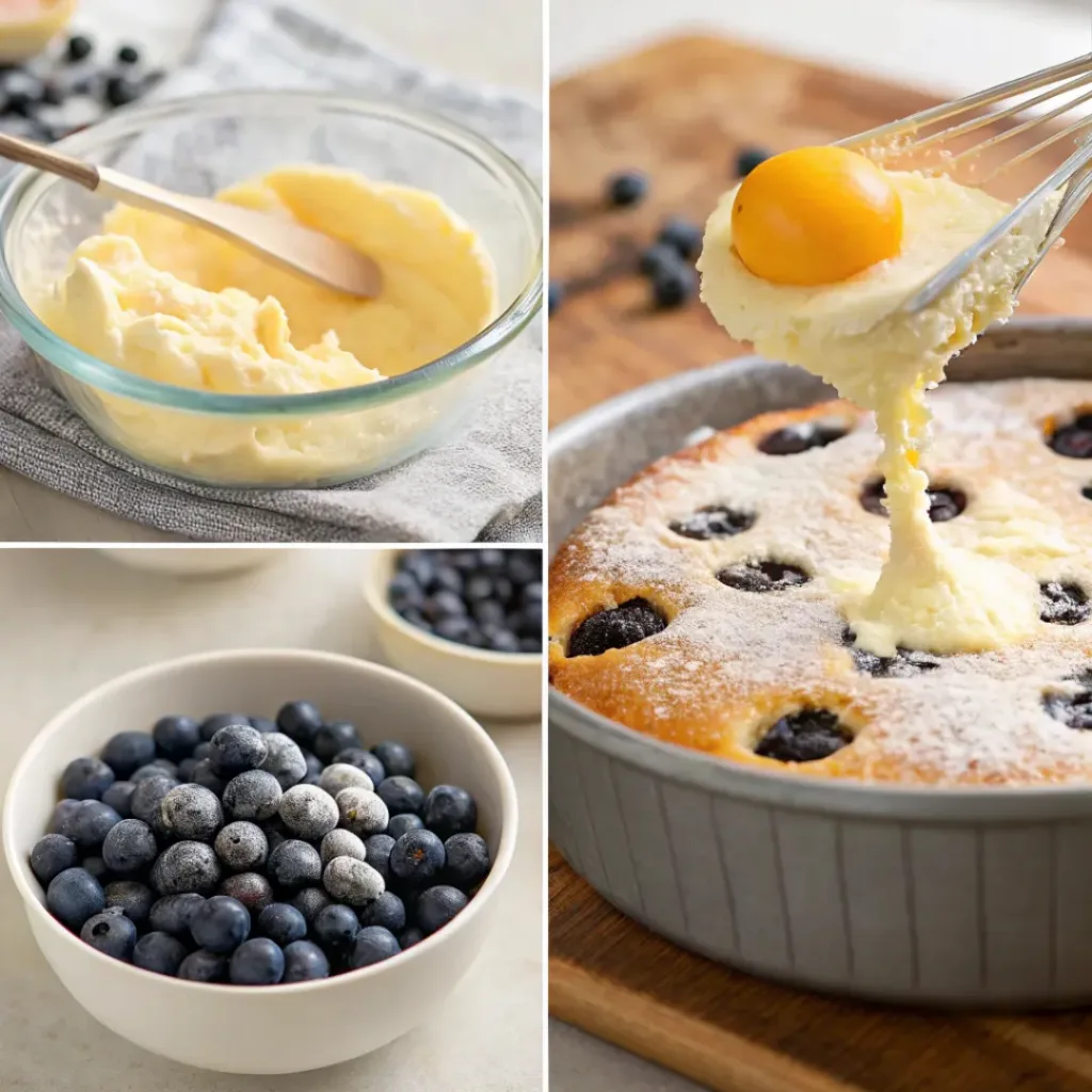 Four step collage showing mixing, folding blueberries, baking, and finishing cake