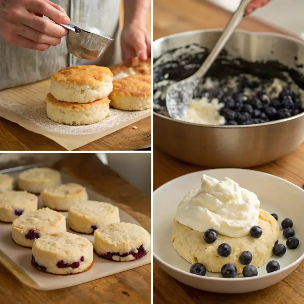 Blueberry Shortcake – Fluffy, Fruity & Creamy Classic Dessert 7 Four step collage showing biscuit prep, baking, whipping cream, and assembling shortcake
