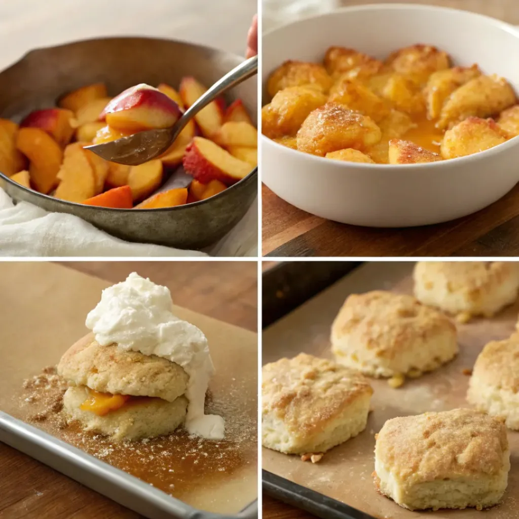 Four step collage showing peach prep, dough making, baking, and assembling shortcakes