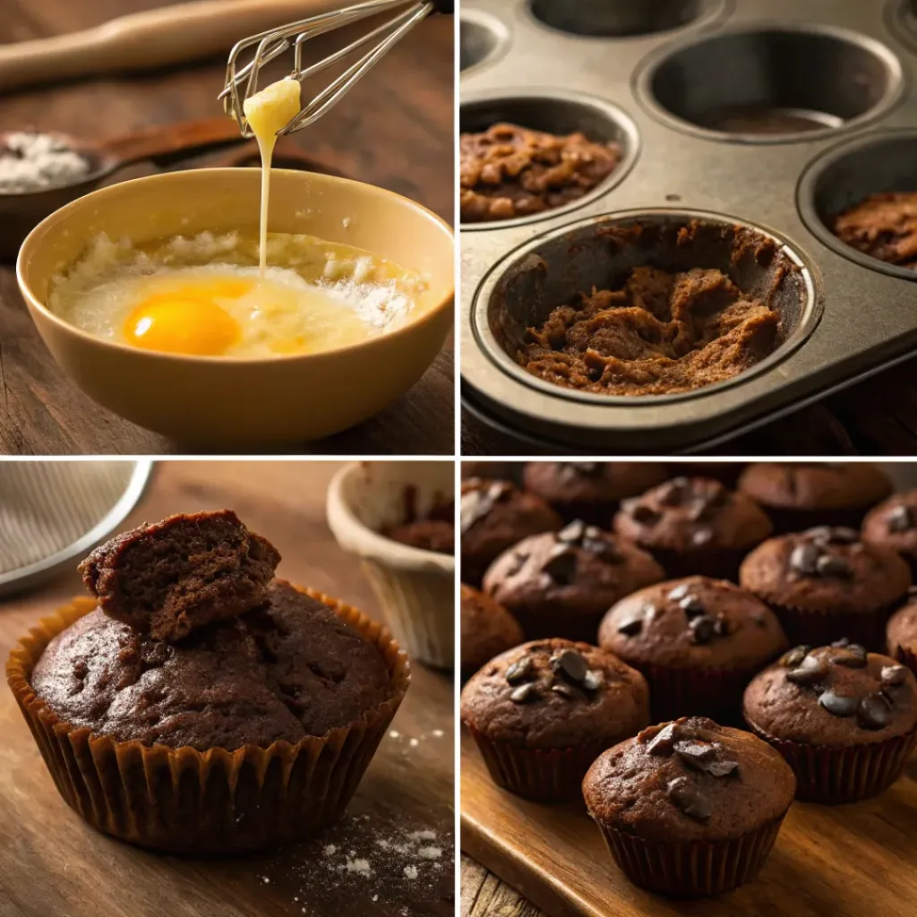 Four step collage showing melting chocolate, mixing batter, filling muffin tins, and baking