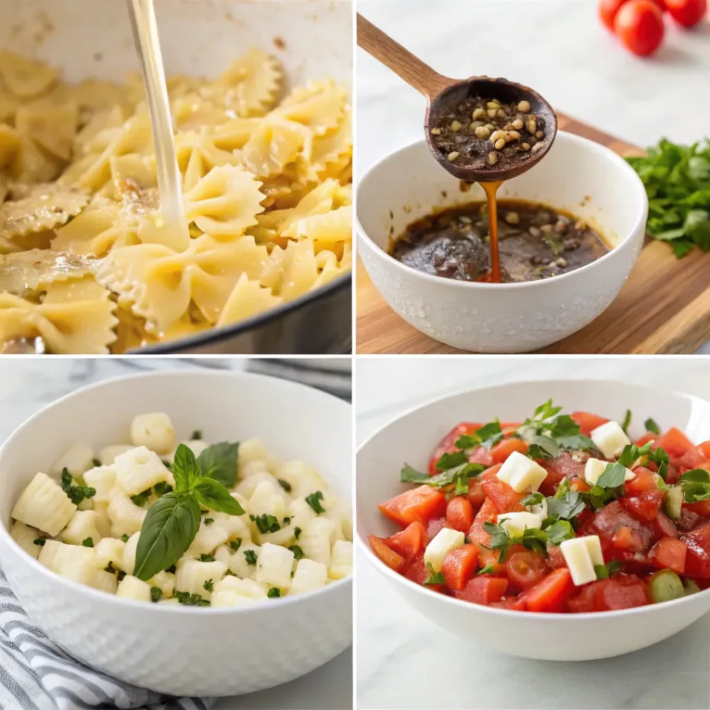 Four step collage showing cooking pasta, chopping vegetables, mixing dressing, and combining salad