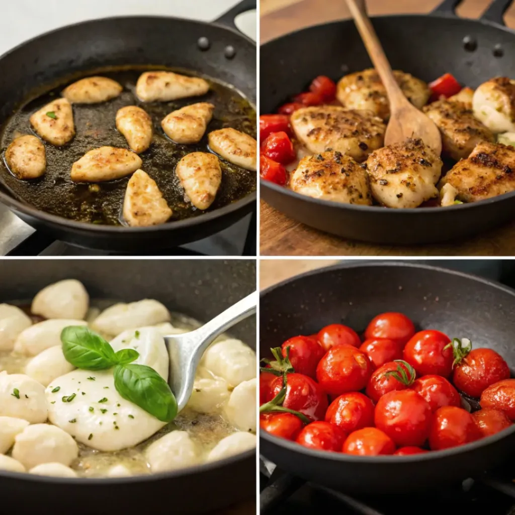 Four step collage showing cooking chicken, browning gnocchi, adding tomatoes, and finishing with mozzarella