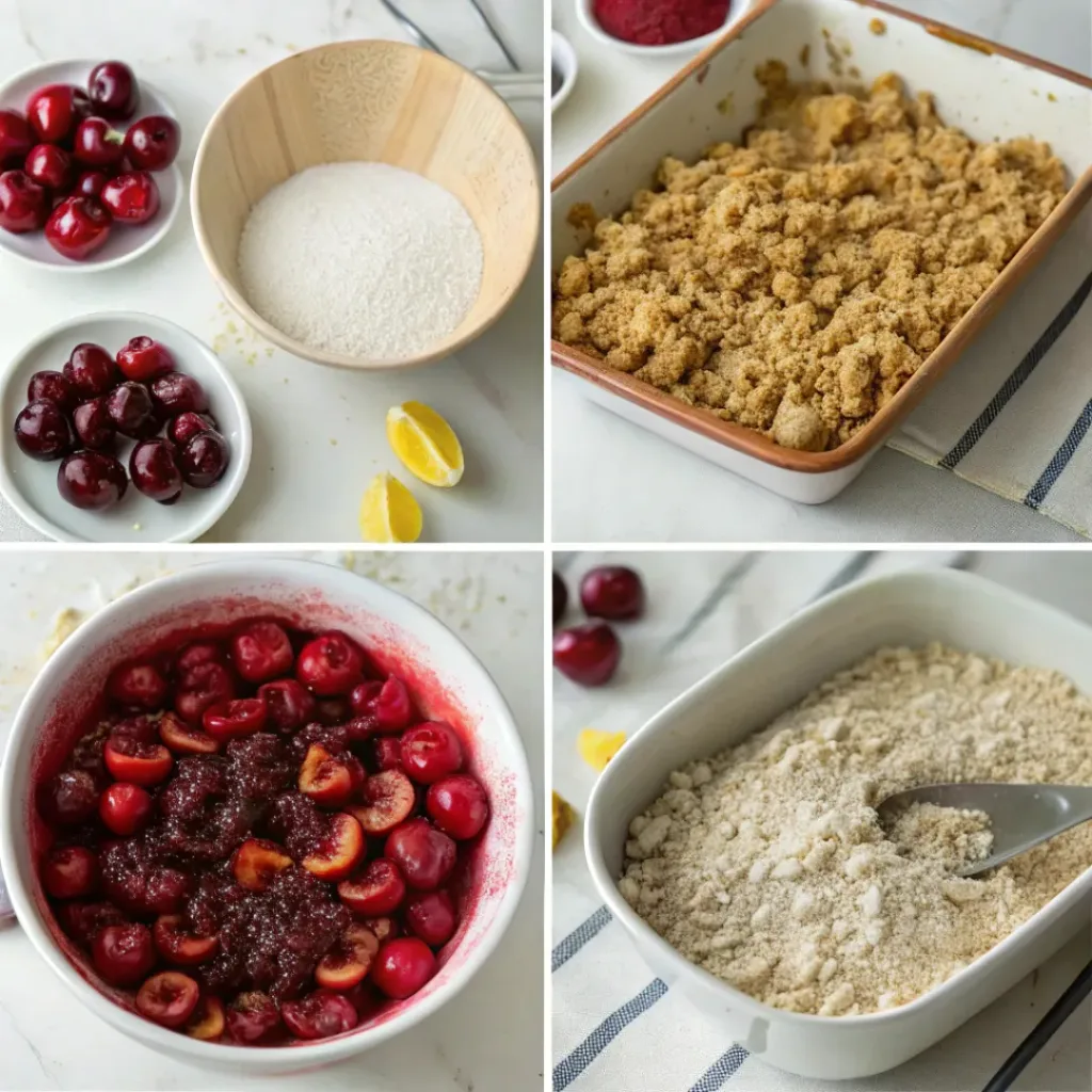 Warm Cherry Crisp - Golden Oat Topped Summer Bakery Dessert 7 Step-by-step collage showing cherry filling, oat crumble, assembling, baking, and serving homemade cherry crisp.