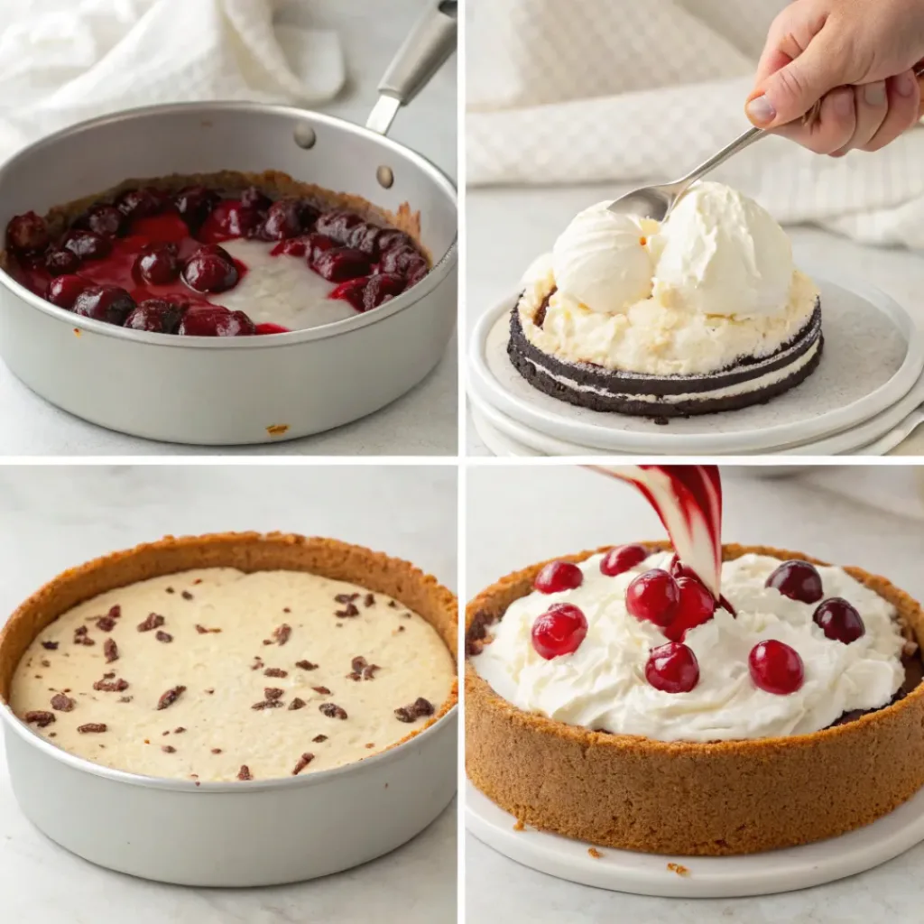 Cherry Ice Cream Cake – Perfect Celebration Frozen Dessert 7 Four step collage showing crust preparation, layering ice cream, freezing, and decorating