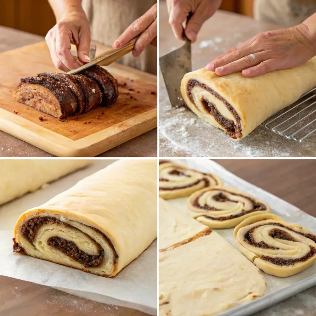 Chocolate Babka – Rich, Swirled & Bakery-Style Bread 7 Four step collage showing dough preparation, filling, twisting, and baking babka