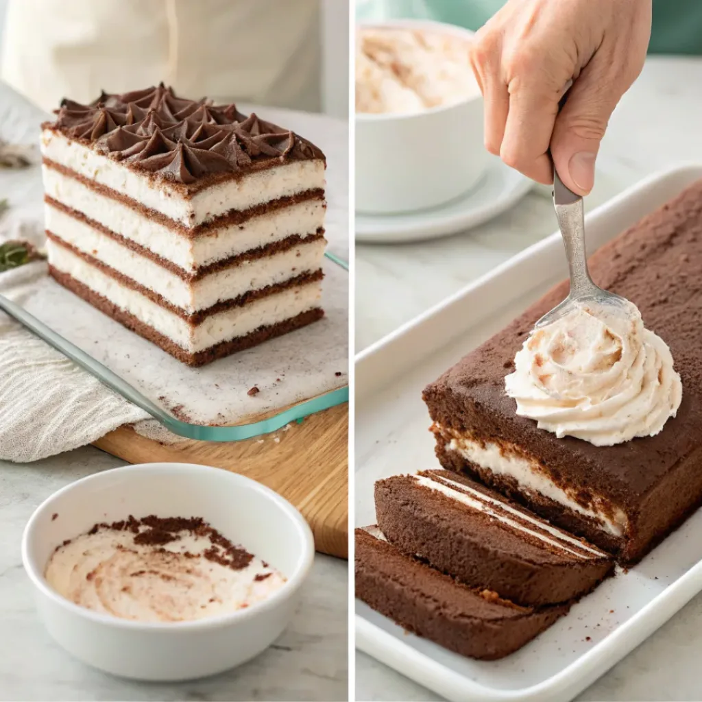 Four step collage showing whipping cream, layering wafers, assembling cake, and slicing