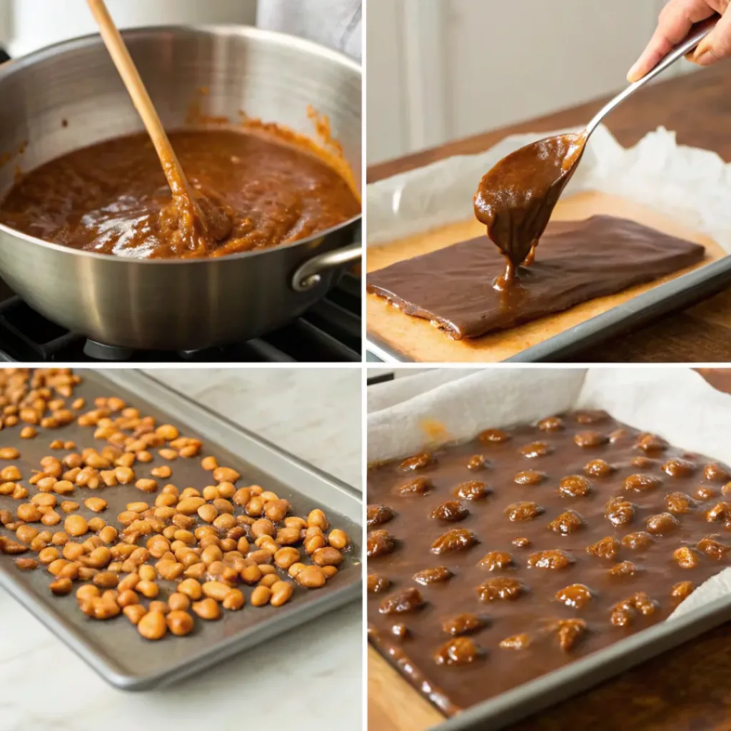 Four step collage showing caramel cooking, peanut mixing, cooling brittle, and chocolate coating