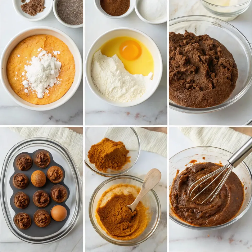 Chocolate Pumpkin Muffins - Fluffy Moist Autumn Bakery Treats 7 Step-by-step collage showing pumpkin muffin batter, adding chocolate chips, filling muffin cups, baking, and serving.