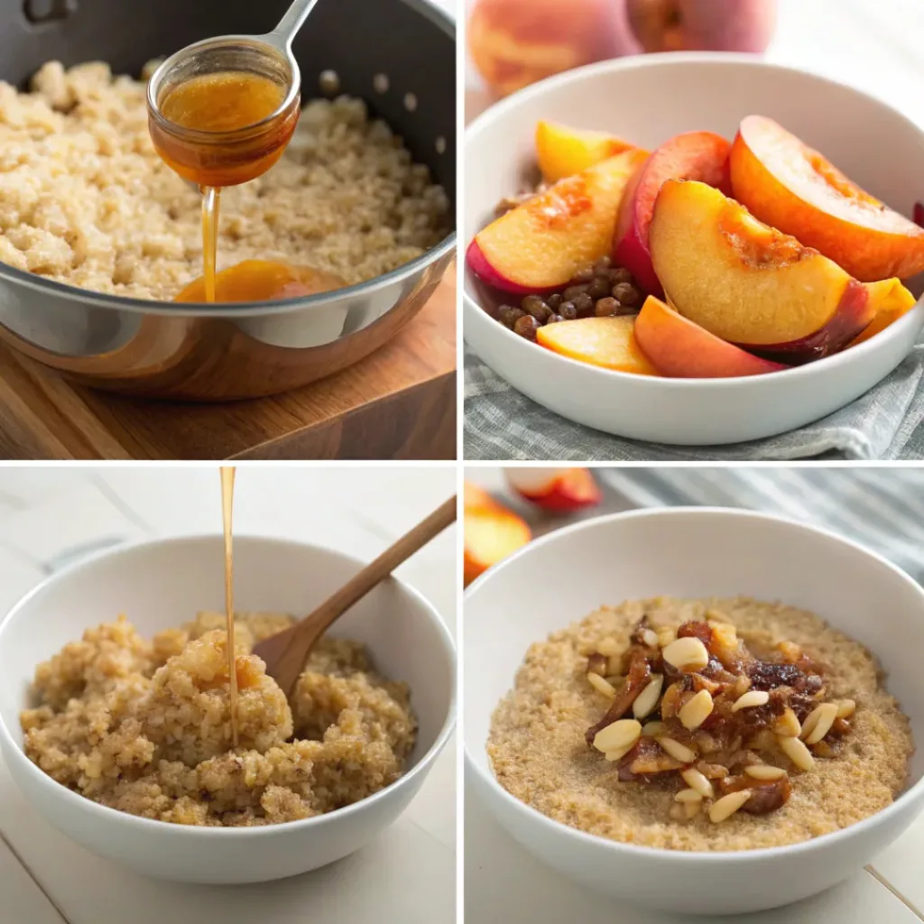 Four step collage showing cooking quinoa, caramelizing peaches, assembling, and topping the bowl