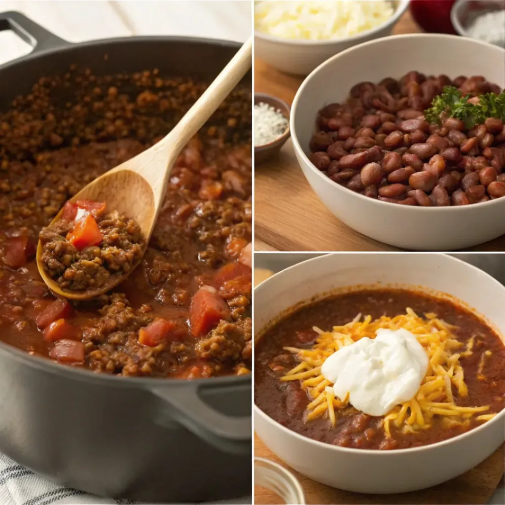 Classic Chili – Hearty, Comforting & Flavor-Packed One-Pot Meal 7 Four step collage showing browning beef, cooking vegetables, simmering chili, and serving bowl
