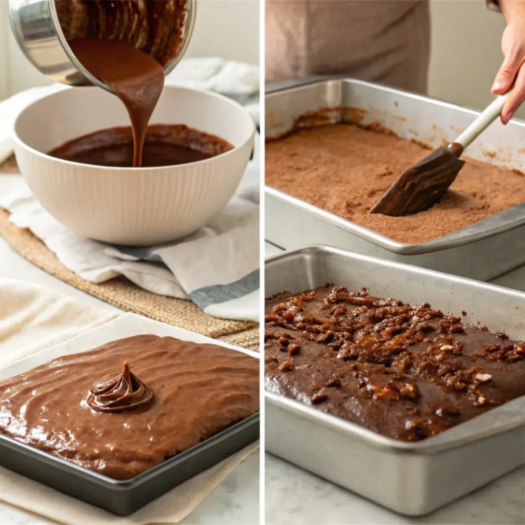 Four step collage showing mixing batter, baking sheet cake, making frosting, and icing cake