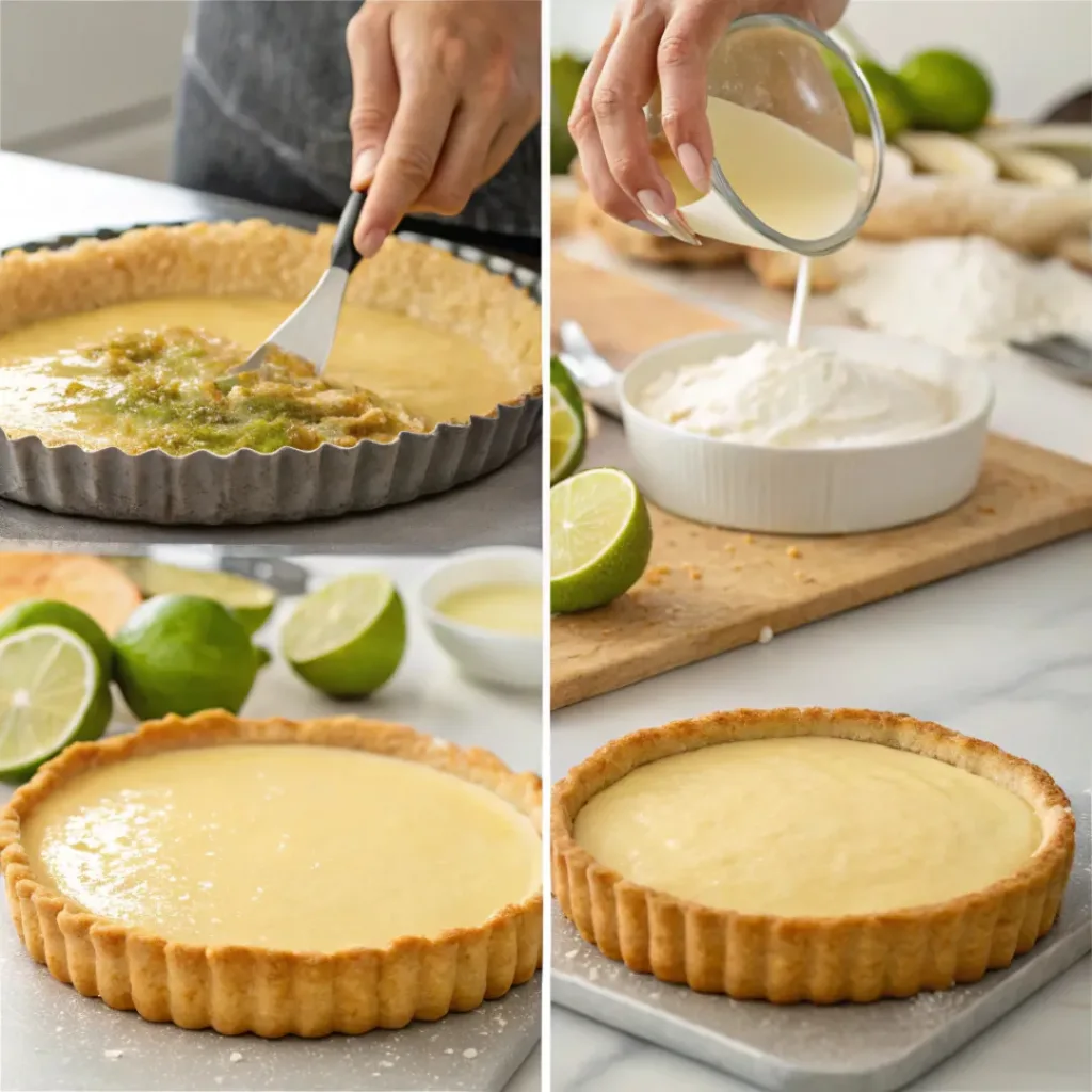 Four step collage showing tart crust prep, baking, lime curd cooking, and decorating