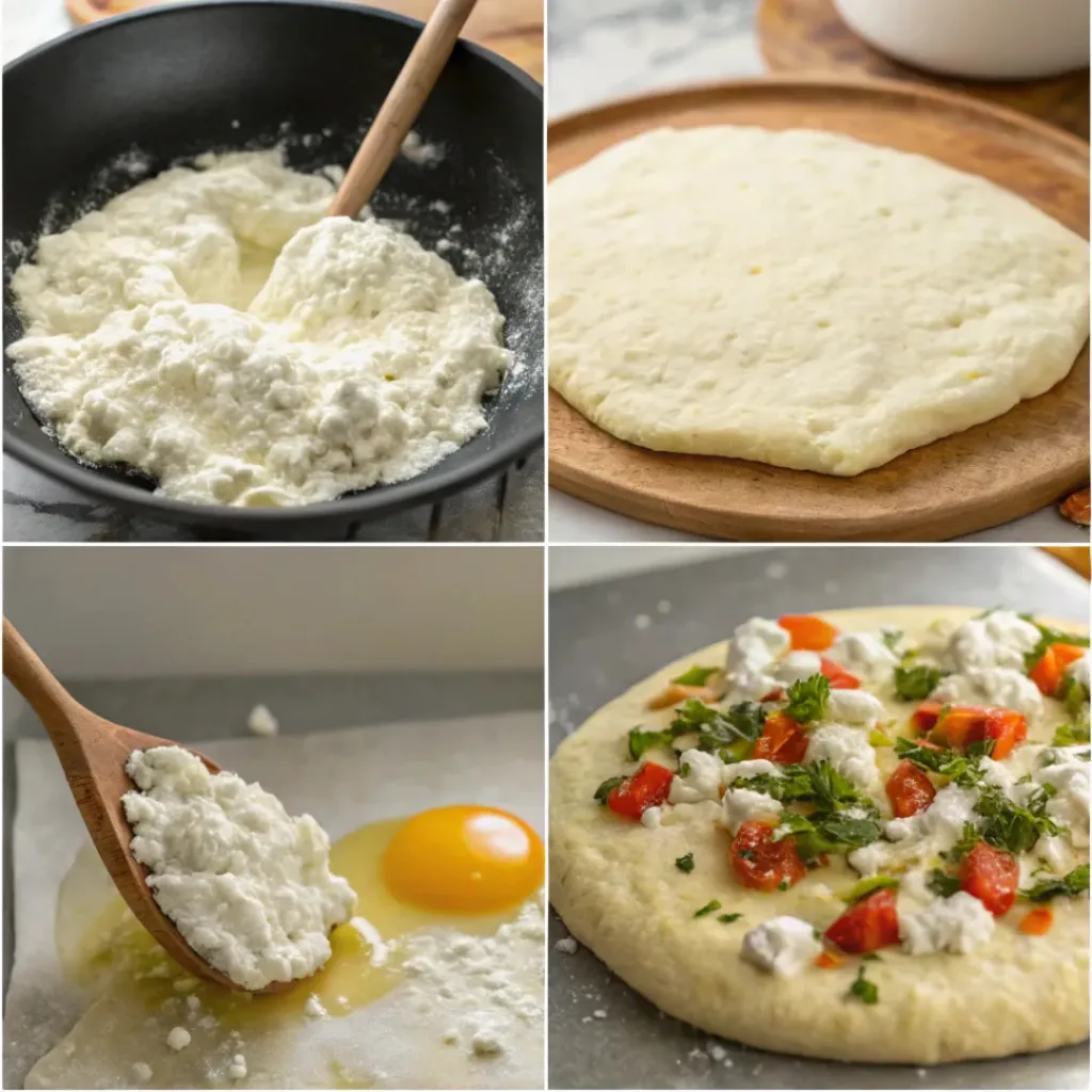 Four step collage showing mixing dough, cooking flatbread, preparing toppings, and assembling