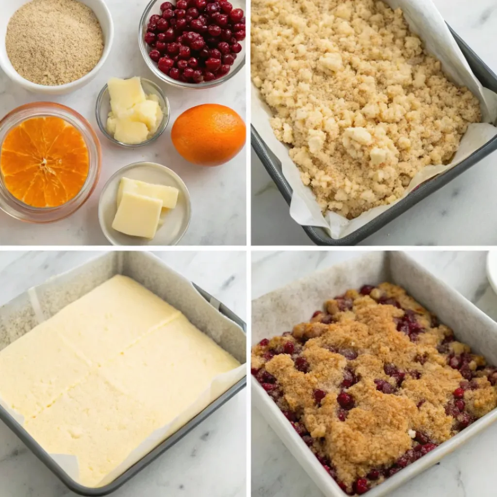 Step-by-step collage showing making the crust, preparing cranberry filling, adding crumb topping, baking, cooling, and slicing.
