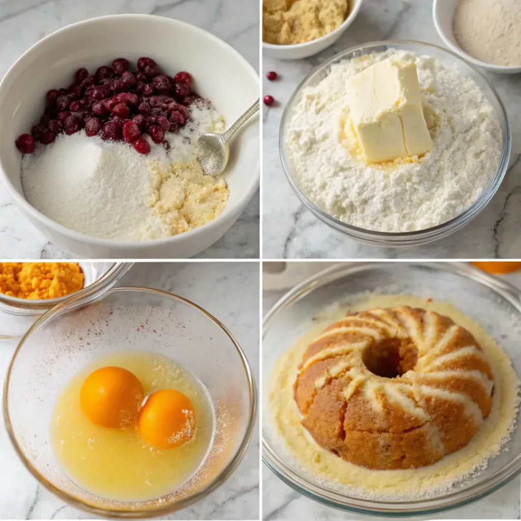 Step-by-step collage showing orange cake batter, cranberries, Bundt pan, baking, glazing, and slicing.