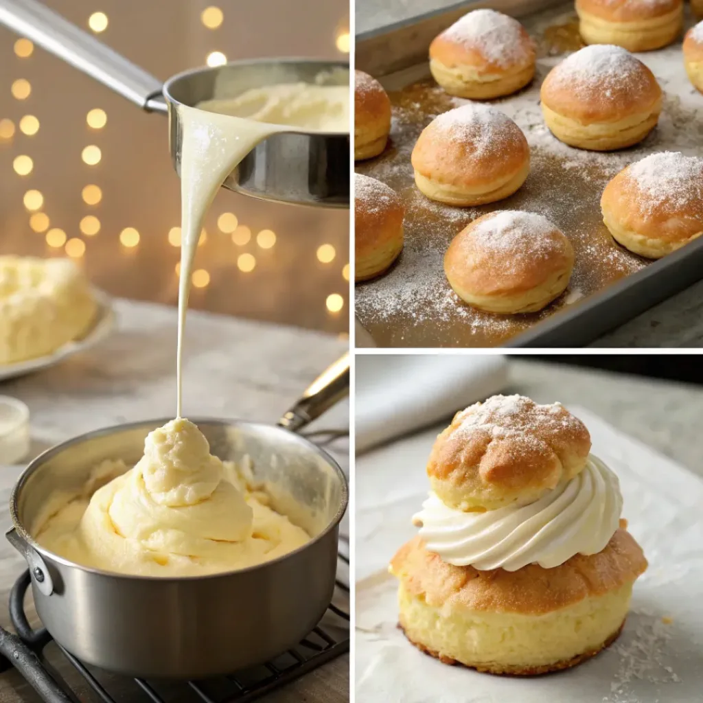 Cream Puff Cake – Light, Creamy & Irresistibly Luscious Dessert 7 Four step collage showing choux dough, baking puffs, making cream, and assembling cake