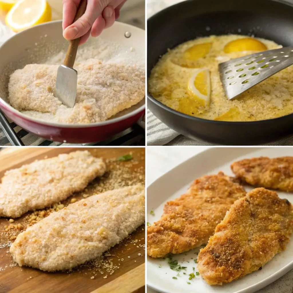 Four step collage showing breading, frying, resting, and serving chicken cutlets