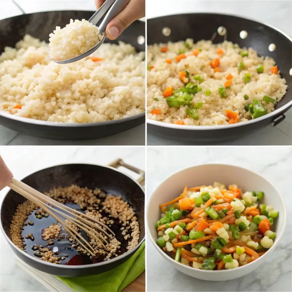 Four step collage showing rice crisping, chopping vegetables, making dressing, and tossing salad