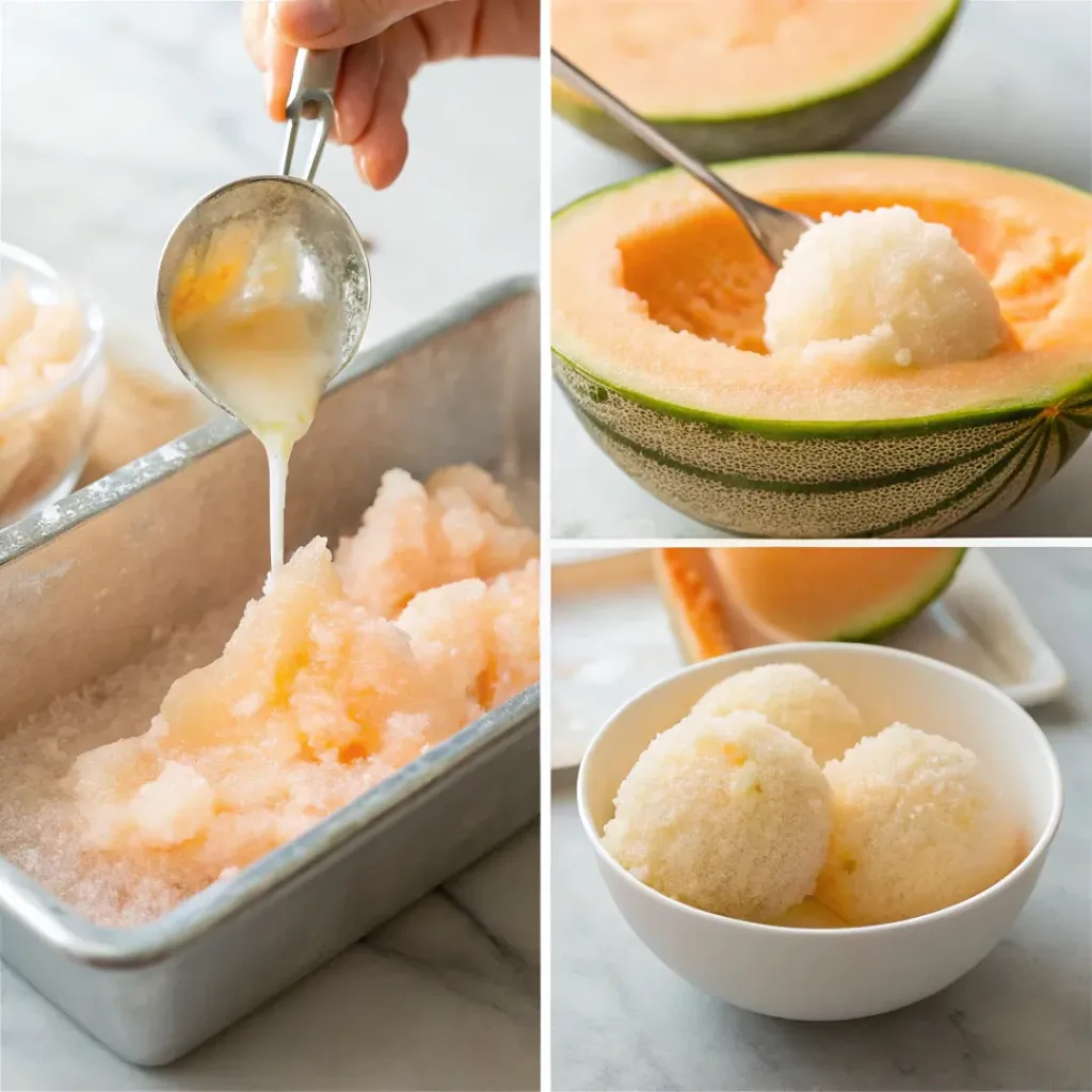 Four step collage showing melon scooping, blending, freezing, and scraping sorbet