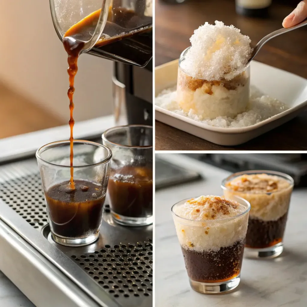 Espresso Granita – Bold, Refreshing & Italian Frozen Coffee Dessert 7 Four step collage showing brewing espresso, freezing, scraping ice, and serving granita
