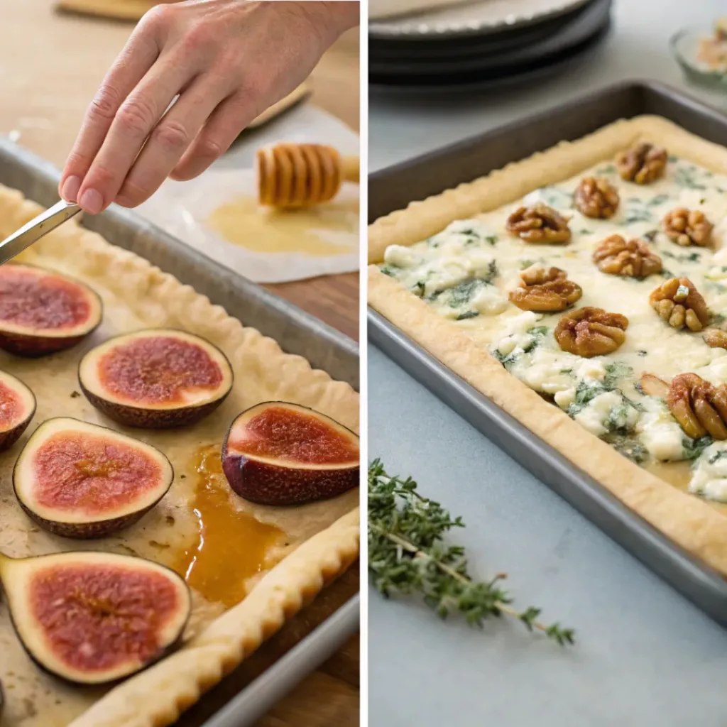 Fig and Blue Cheese Tart with Honey – Sweet & Savory Elegant Appetizer 7 Four step collage showing pastry preparation, arranging figs, adding toppings, and finishing with honey