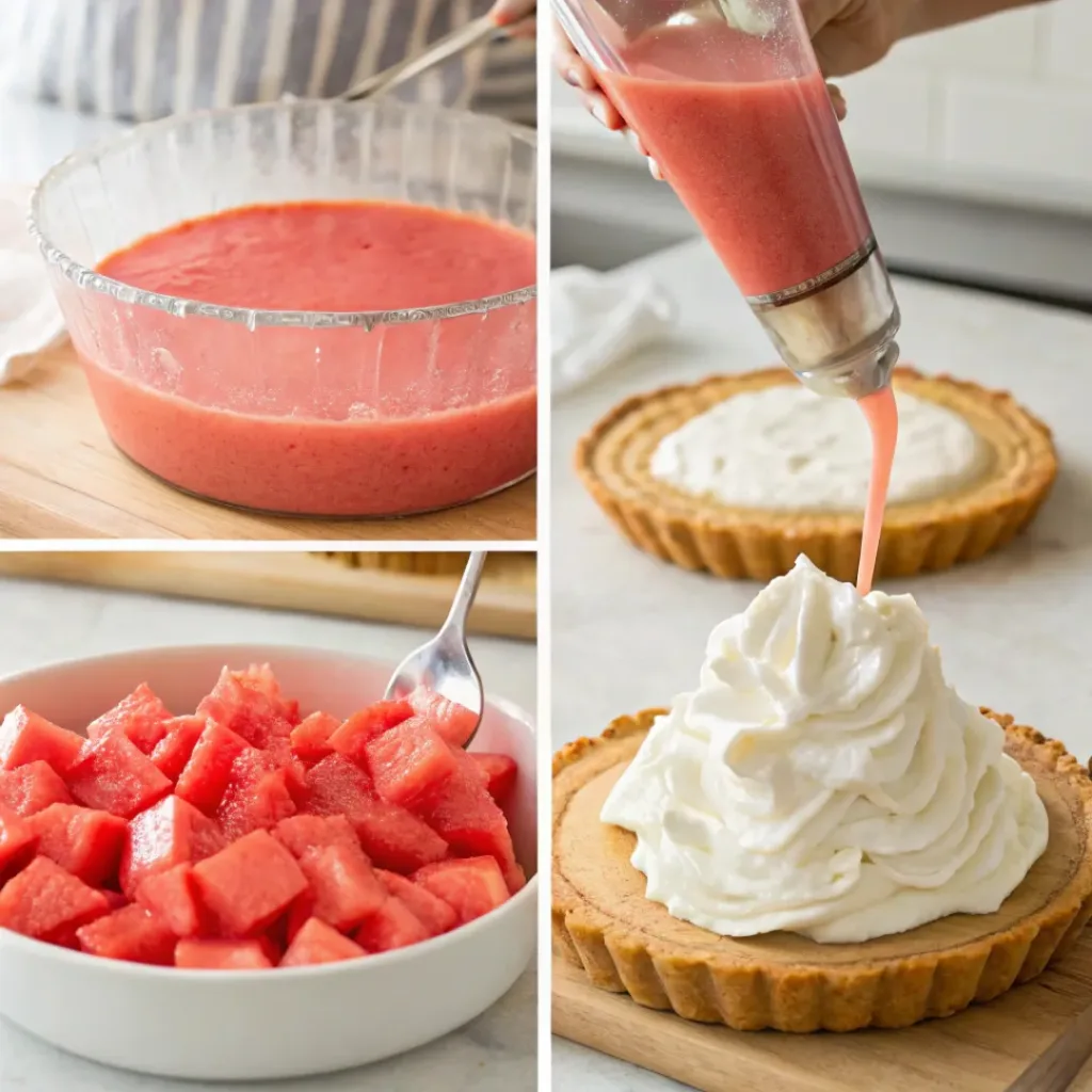 Four step collage showing blending, whipping, folding, and assembling pie
