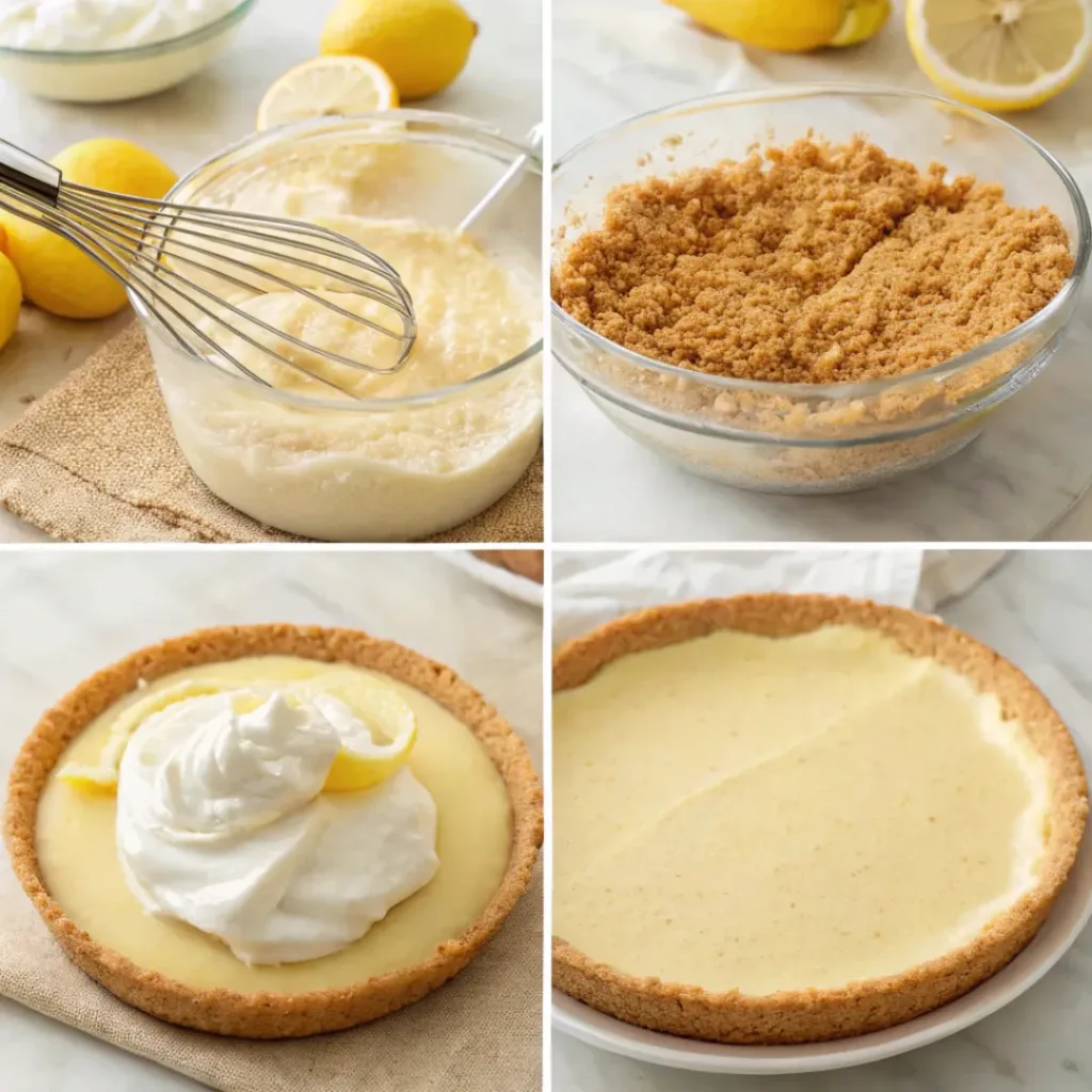 Frozen Lemonade Pie – Creamy, Tangy & Refreshing No-Bake Dessert 7 Four step collage showing crust preparation, mixing filling, assembling pie, and decorating