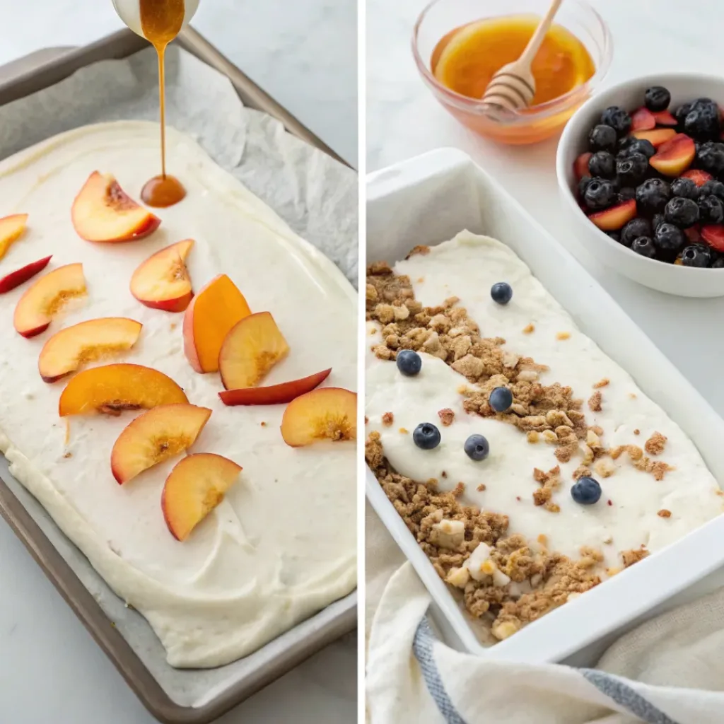 Four step collage showing yogurt spreading, fruit topping, freezing, and breaking bark