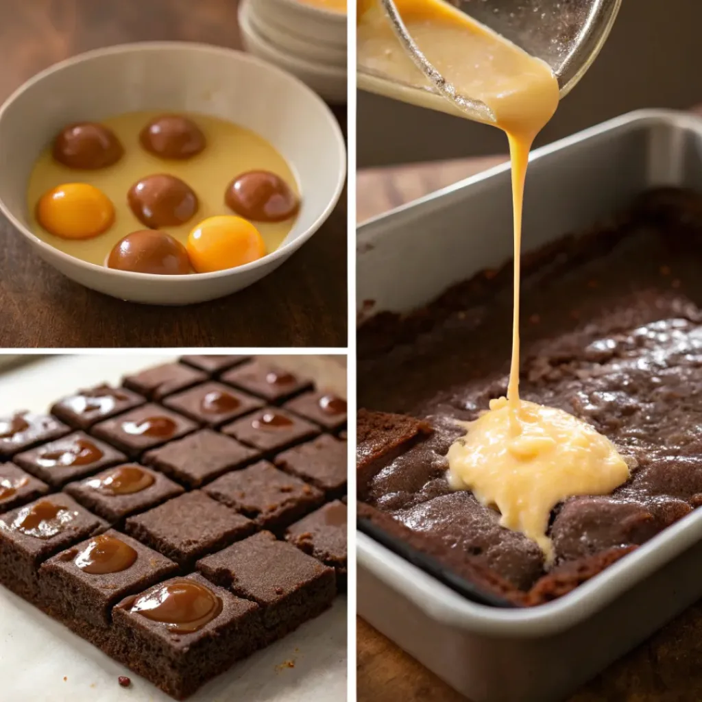 Fudgy Rolo Brownies – Gooey, Caramel-Filled & Ultra Rich 7 Four step collage showing brownie batter mixing, baking, adding Rolos, and cutting brownies