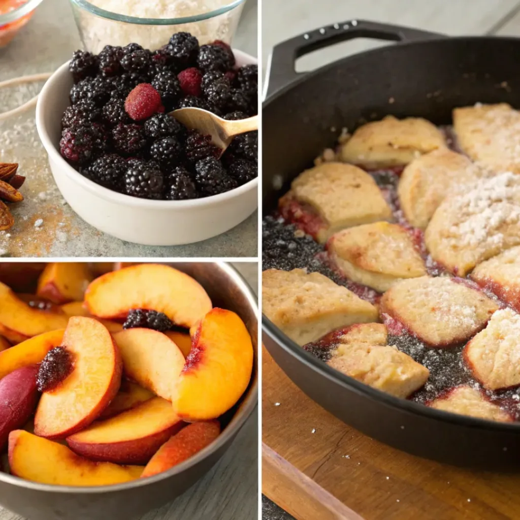 Four step collage showing fruit prep, mixing, topping, and baking cobbler