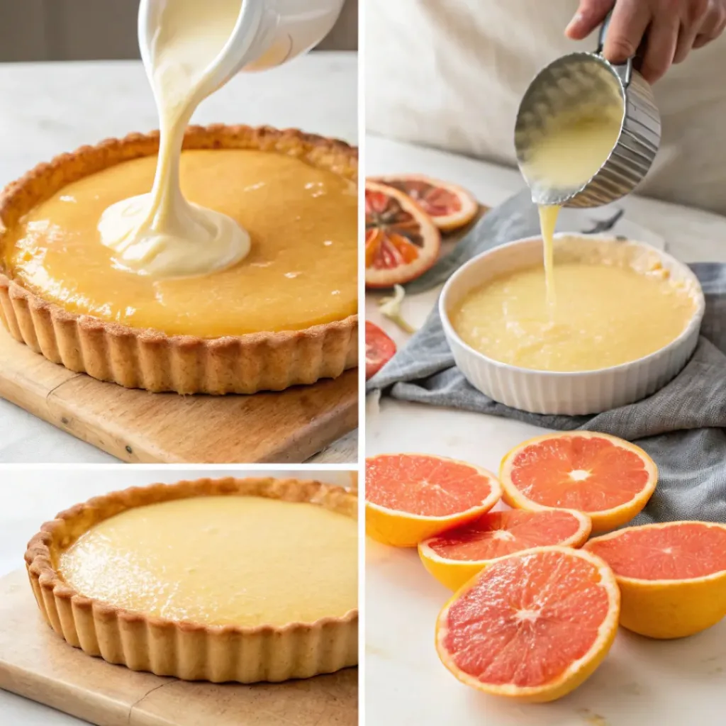 Four step collage showing tart crust preparation, baking, curd cooking, and tart decorating