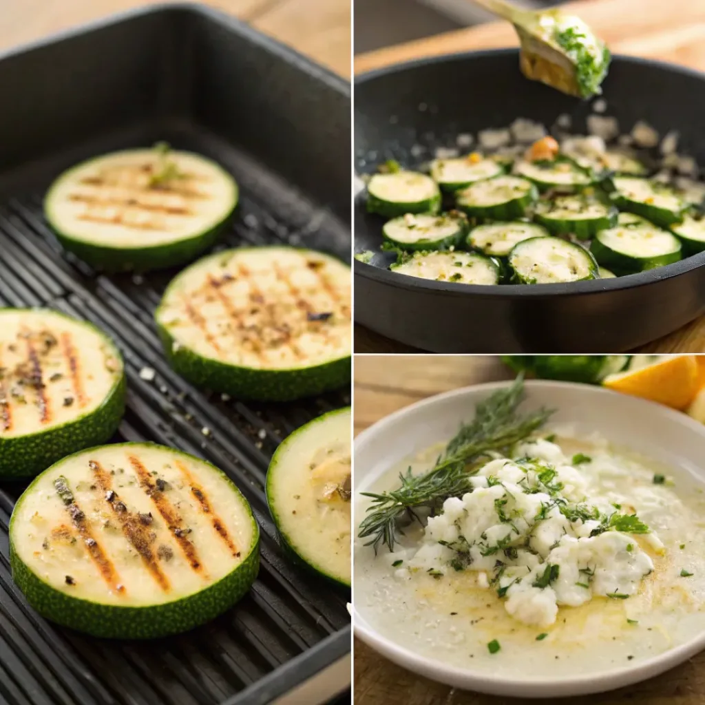 Grilled Zucchini with Feta – Smoky, Fresh & Mediterranean-Inspired Side 7 Four step collage showing slicing, grilling, plating, and topping zucchini with feta