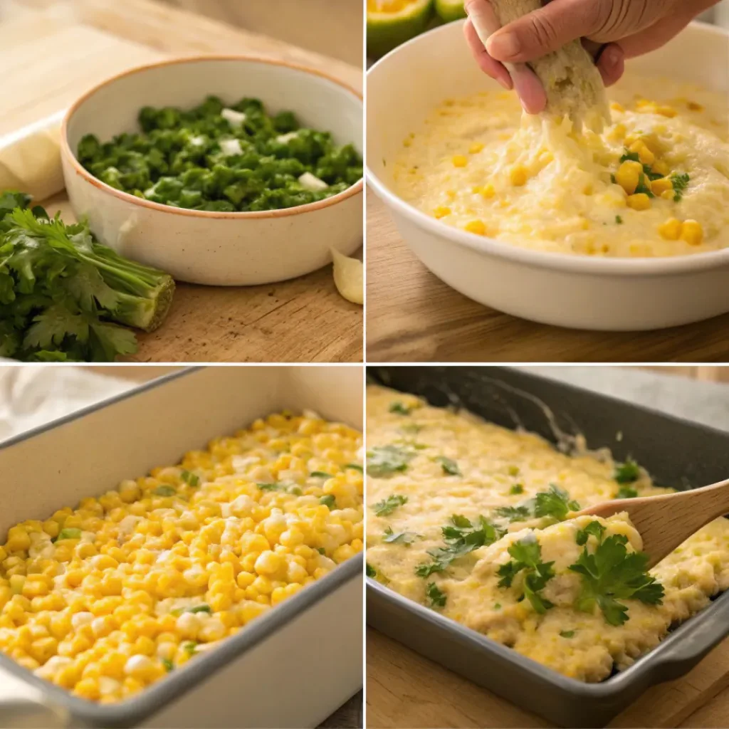 Hatch Chile Corn Casserole – Creamy, Cheesy & Flavor-Packed Side Dish 7 Four step collage showing prep, mixing, assembling, and baking casserole