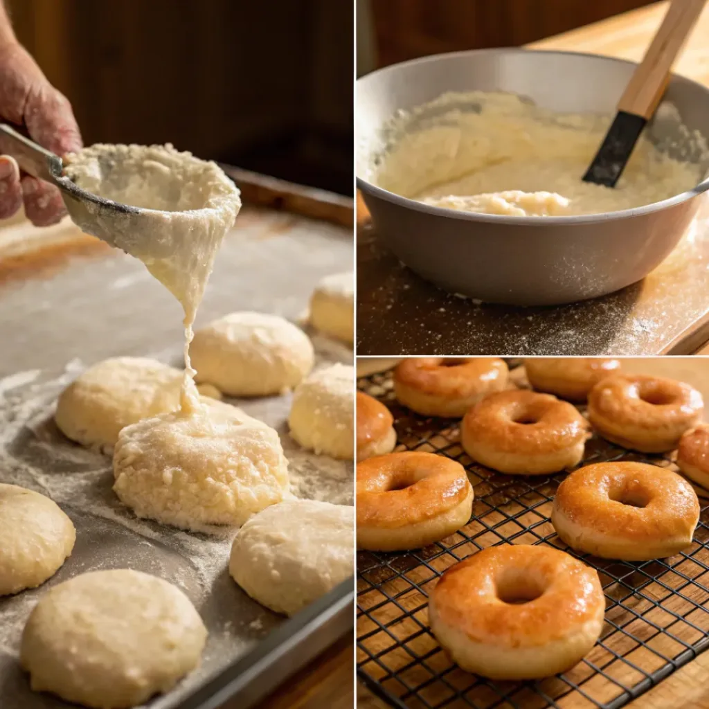 Homemade Glazed Donuts – Soft, Fluffy & Bakery-Style 7 Four step collage showing dough mixing, cutting donuts, frying, and glazing