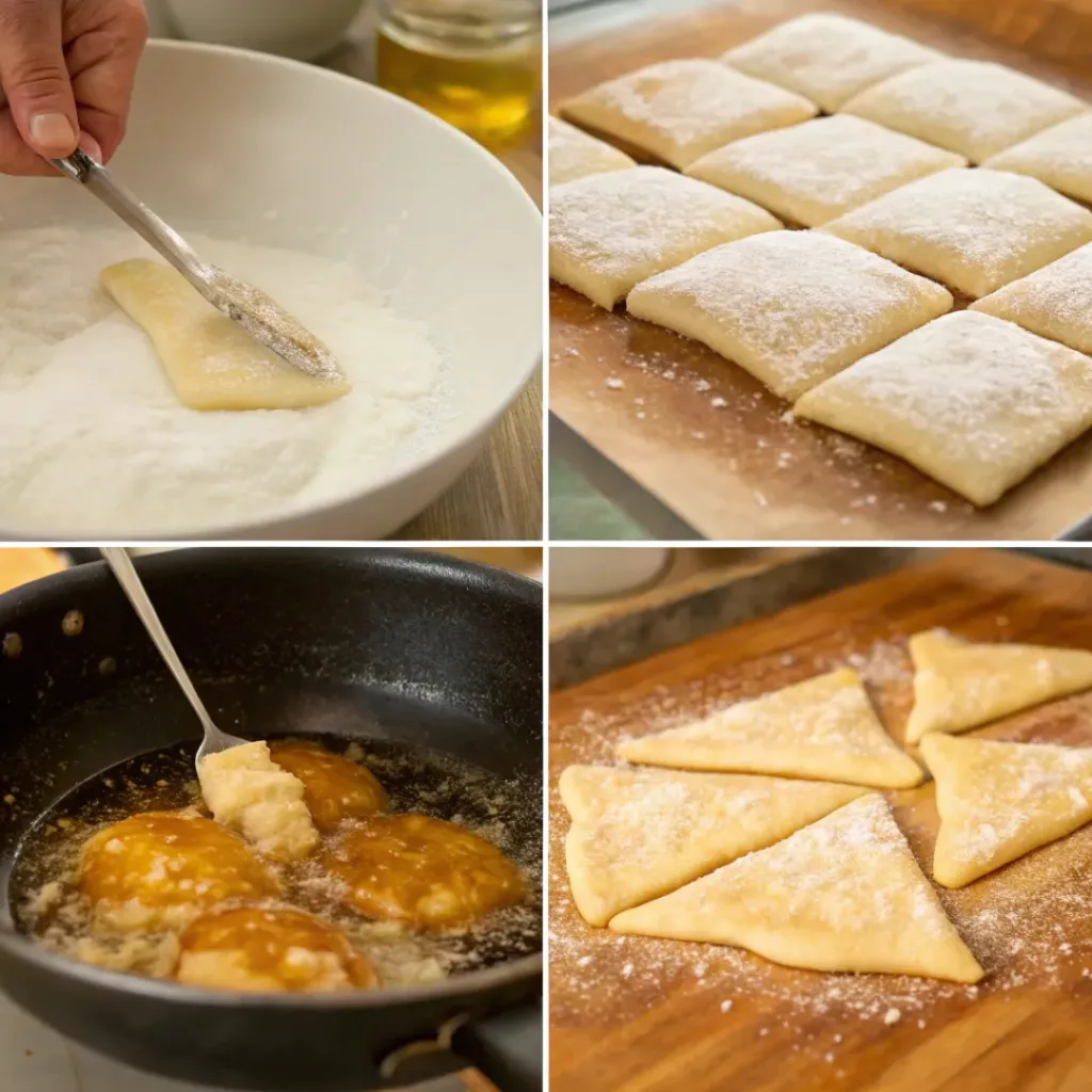 Four step collage showing dough mixing, cutting, frying, and honey drizzling
