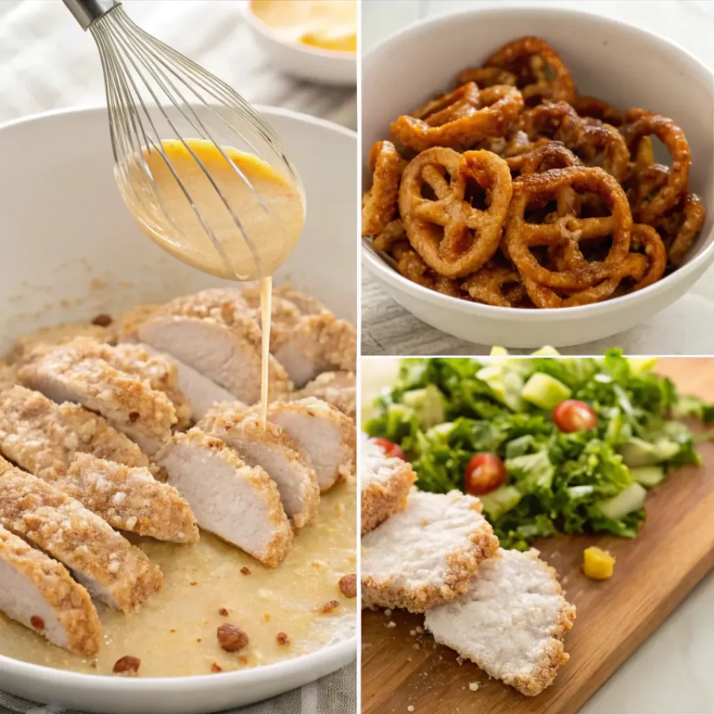 Four step collage showing breading chicken, cooking, preparing salad, and assembling bowl