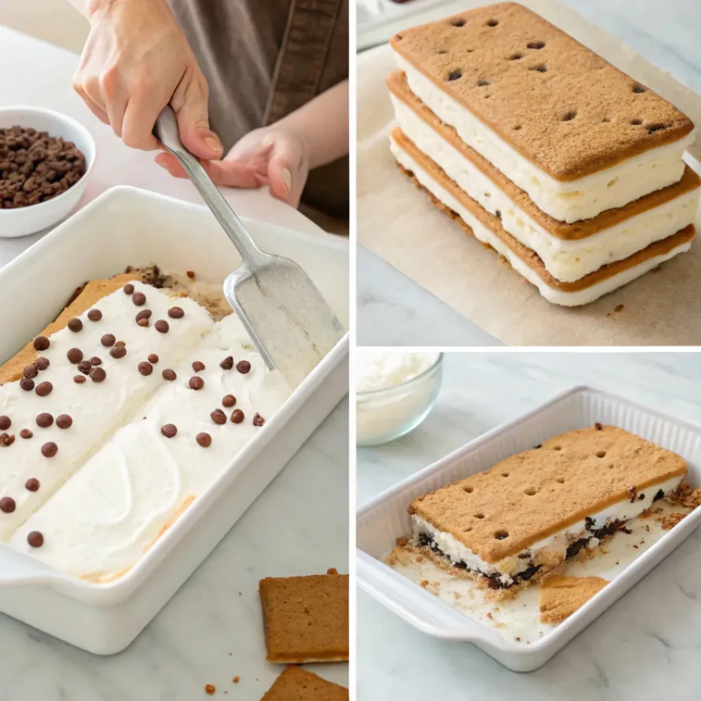 Ice Cream Sandwich Cake – Easy, Creamy & No-Bake Dessert 7 Four step collage showing layering ice cream sandwiches, whipped topping, decorating, and freezing
