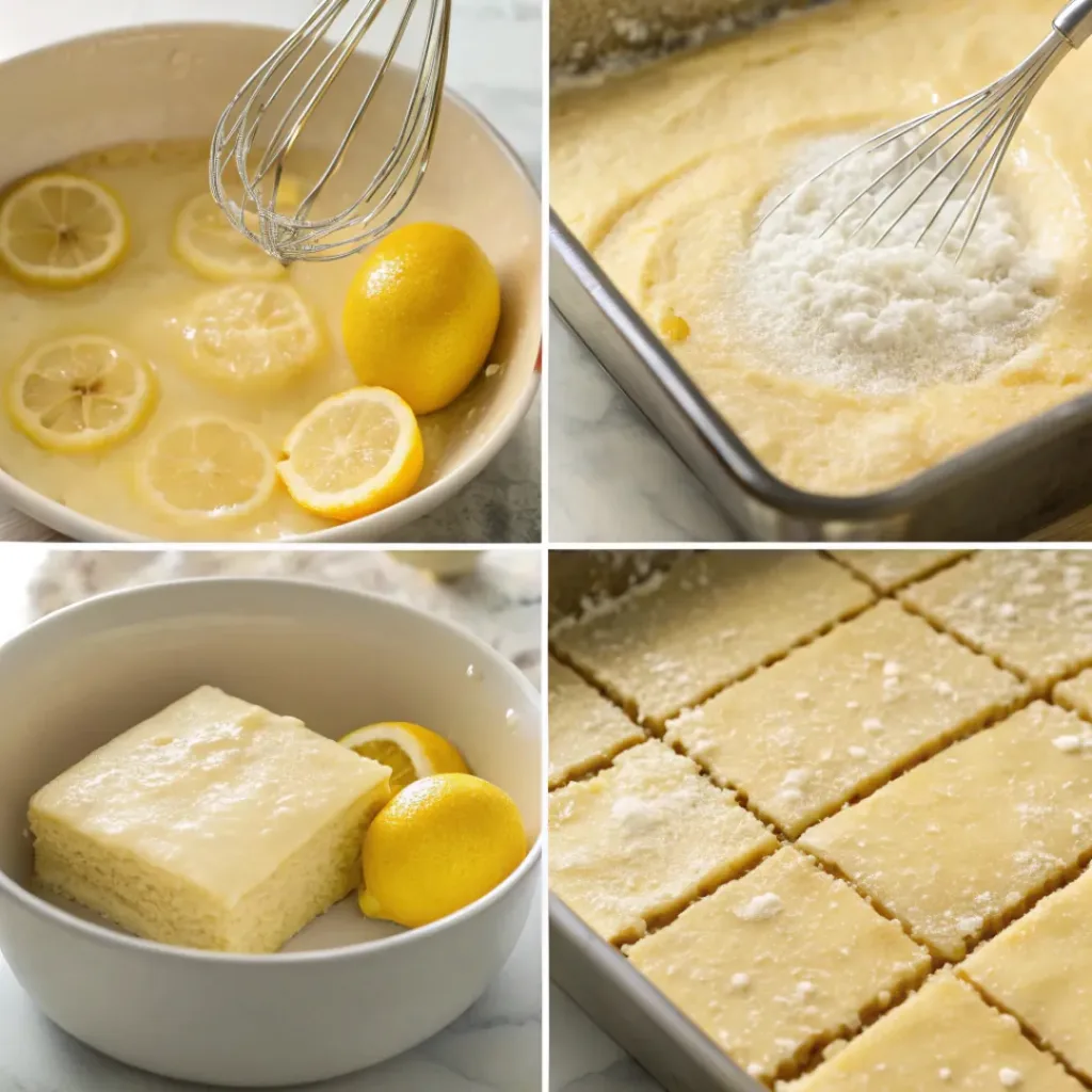 Lemon Brownies – Fudgy, Zesty & Sweet Citrus Bars 7 Four step collage showing mixing, baking, glazing, and slicing brownies