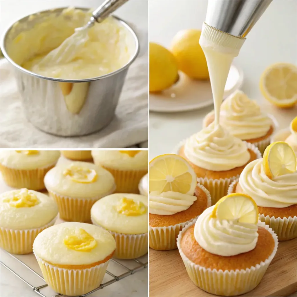 Four step collage showing batter mixing, lemon curd cooking, filling cupcakes, and decorating