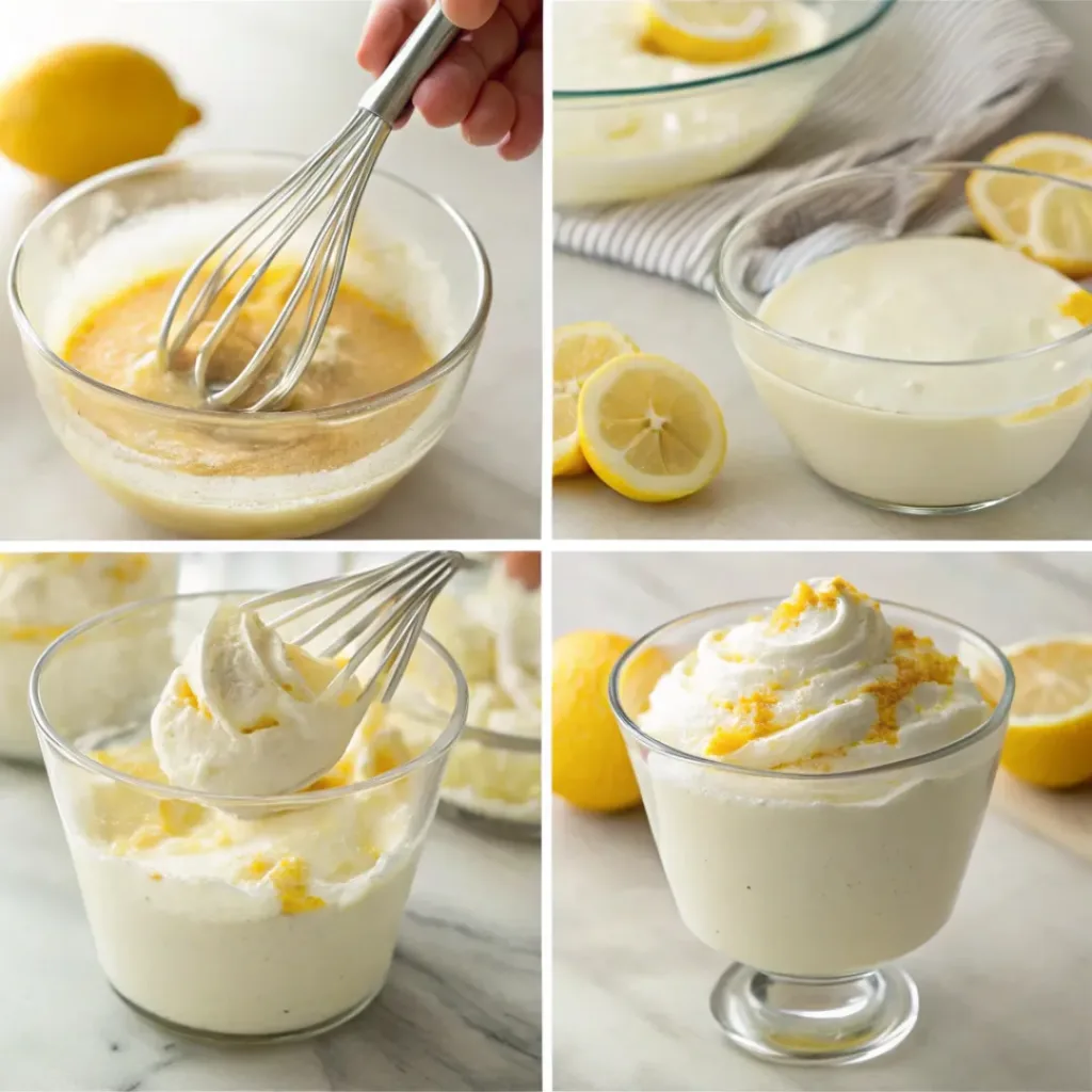 Lemon Mousse – Light, Creamy & Refreshingly Tangy Dessert 7 Four step collage showing mixing, folding, layering, and decorating mousse