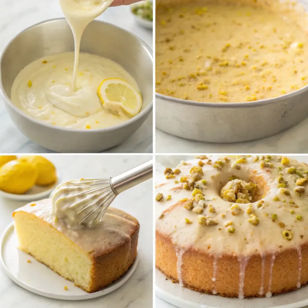 Four step collage showing mixing, baking, glazing, and decorating cake