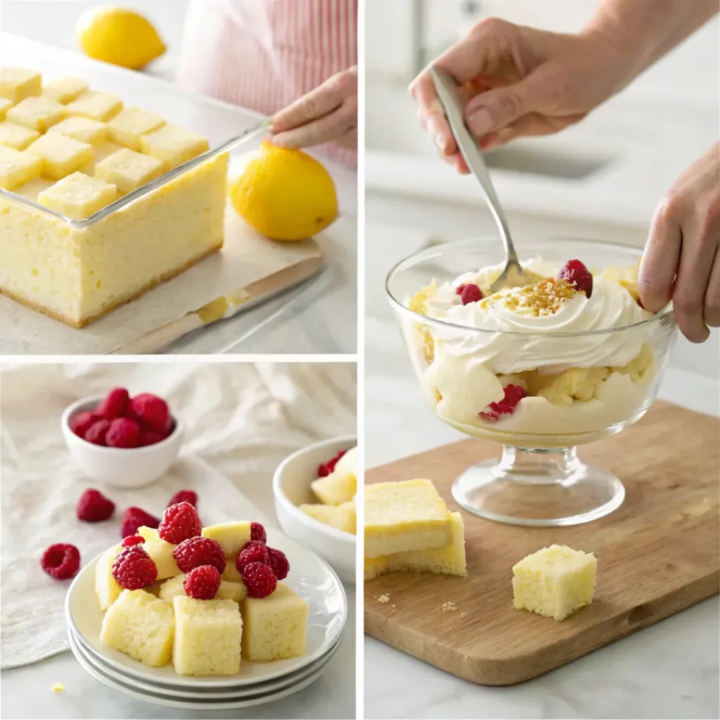 Four step collage showing cake cutting, cream preparation, layering, and final trifle assembly